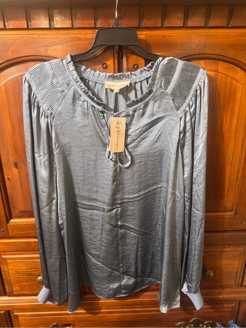 Philosophy Steel Blue Satin Long-Sleeve Blouse with Pleated Yoke